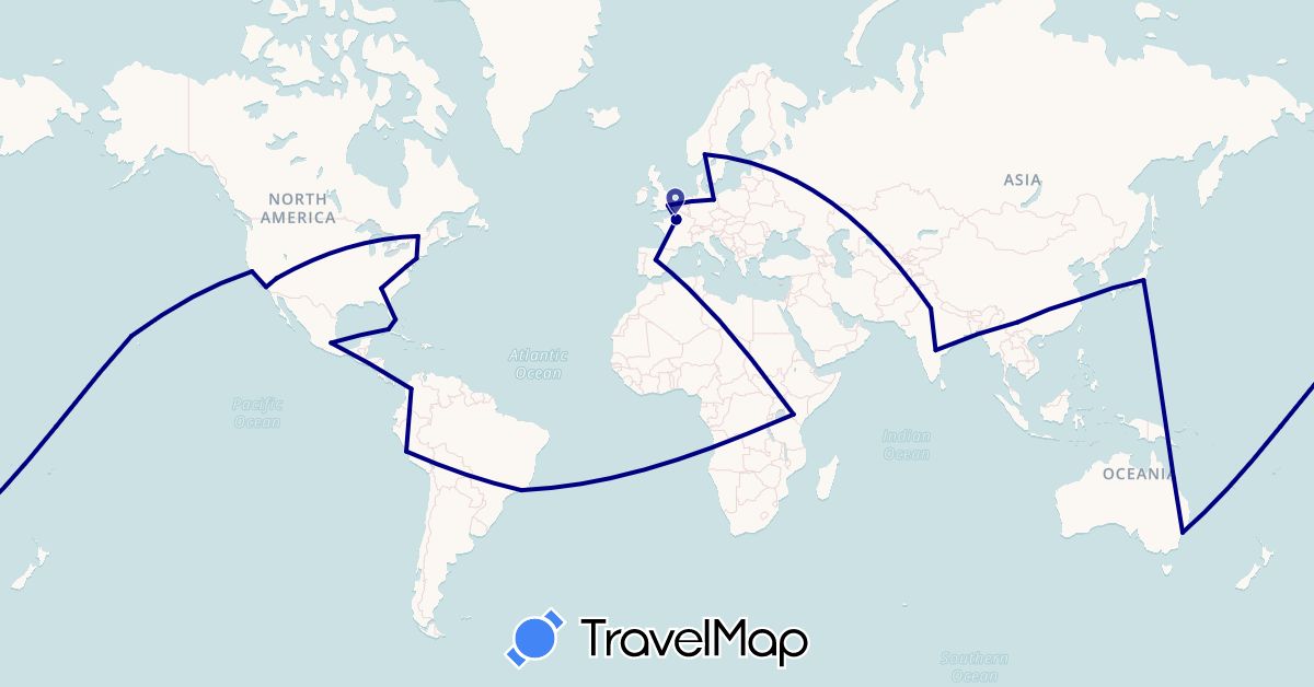 TravelMap itinerary: driving in Australia, Brazil, Canada, China, Colombia, Cuba, Germany, Spain, France, United Kingdom, India, Japan, Kenya, Mexico, Norway, Peru, Russia, United States (Africa, Asia, Europe, North America, Oceania, South America)